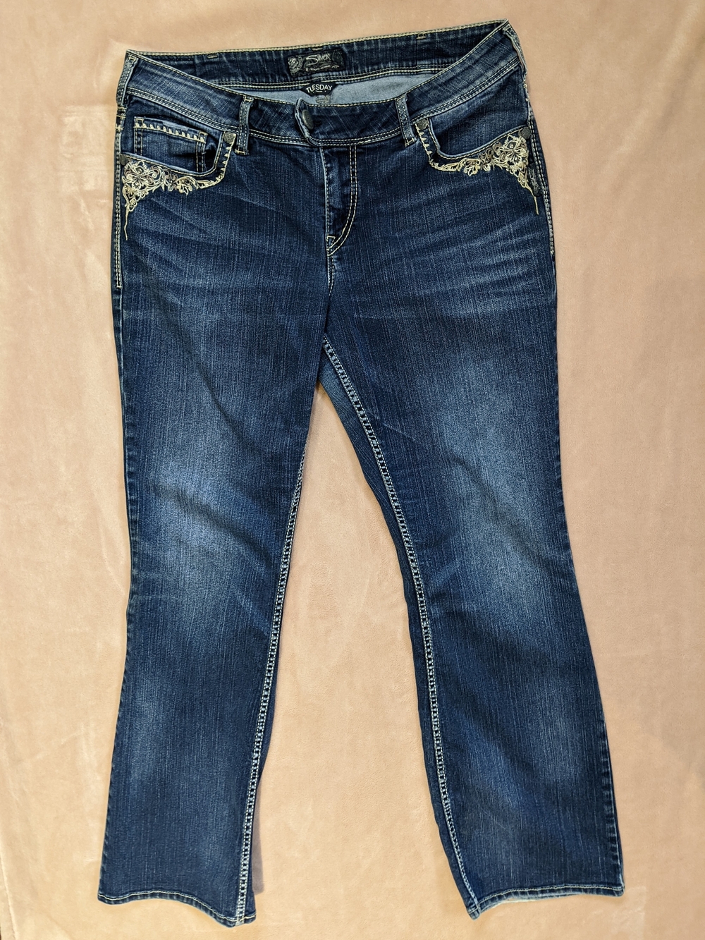 Silver Y2K Tuesday Jeans Bootcut with Embroidered Pockets